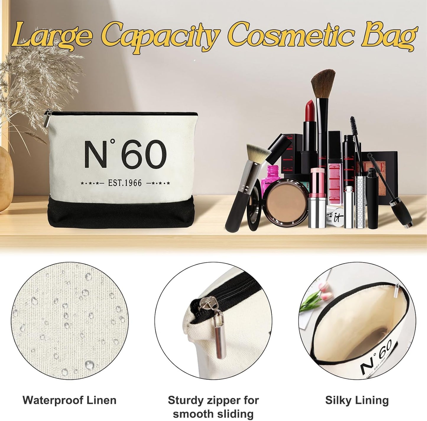 60Th Birthday Gifts for Women Canvas Tote Bag Travel Gear, Unique 60 Years Old Birthday Gifts for Her Mum Wife Aunt Friends, Vintage N60 Handbag & Cosmetic Bag & Back in 1966 Poster