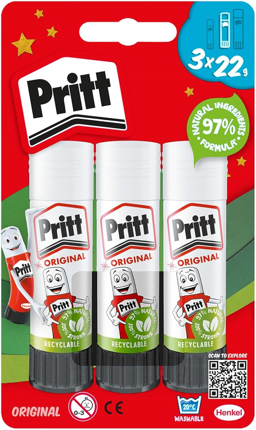 Glue Stick, Safe & Child-Friendly Craft Glue for Arts & Crafts Activities, Strong-Hold Adhesive for School & Office Supplies, 22 G (Pack of 3)