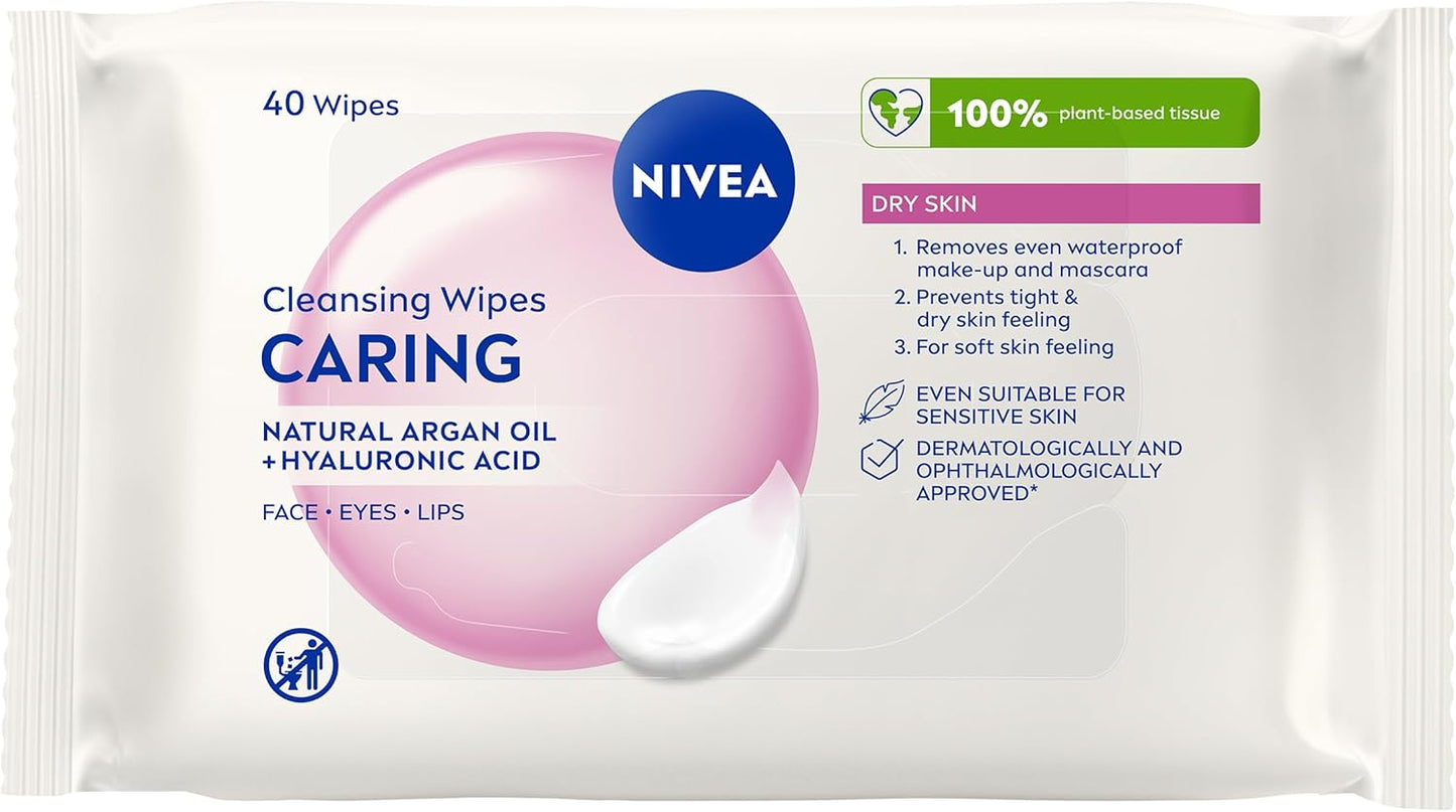 3In1 Caring Cleansing Wipes Dry Skin (40 Wipes), Plant-Based Makeup Remover Sheets, Face Wipes for Dry Skin, Gentle yet Effective Makeup Removal