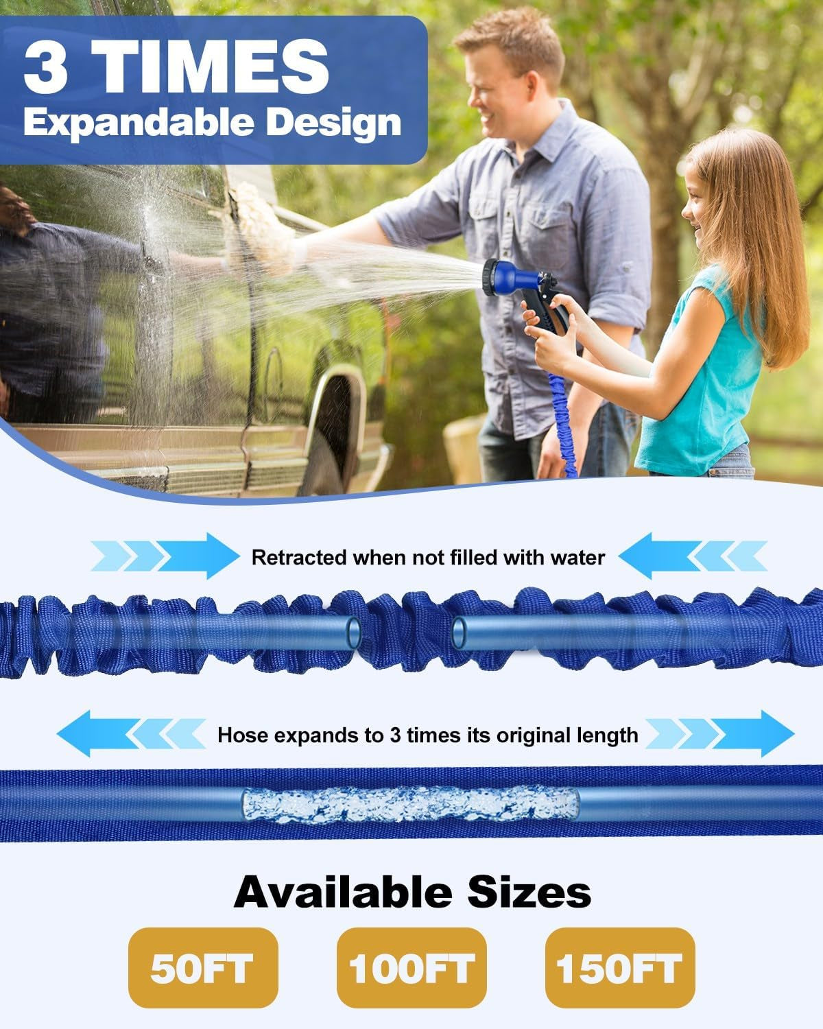 Expandable Garden Hose Pipe - 100FT Flexible Expanding Magic Hose with 3/4", 1/2" Fittings, 8 Function Spray Nozzle, Anti-Leakage - Heavy Duty Water Hose for Spring/Summer (Blue, 100FT)