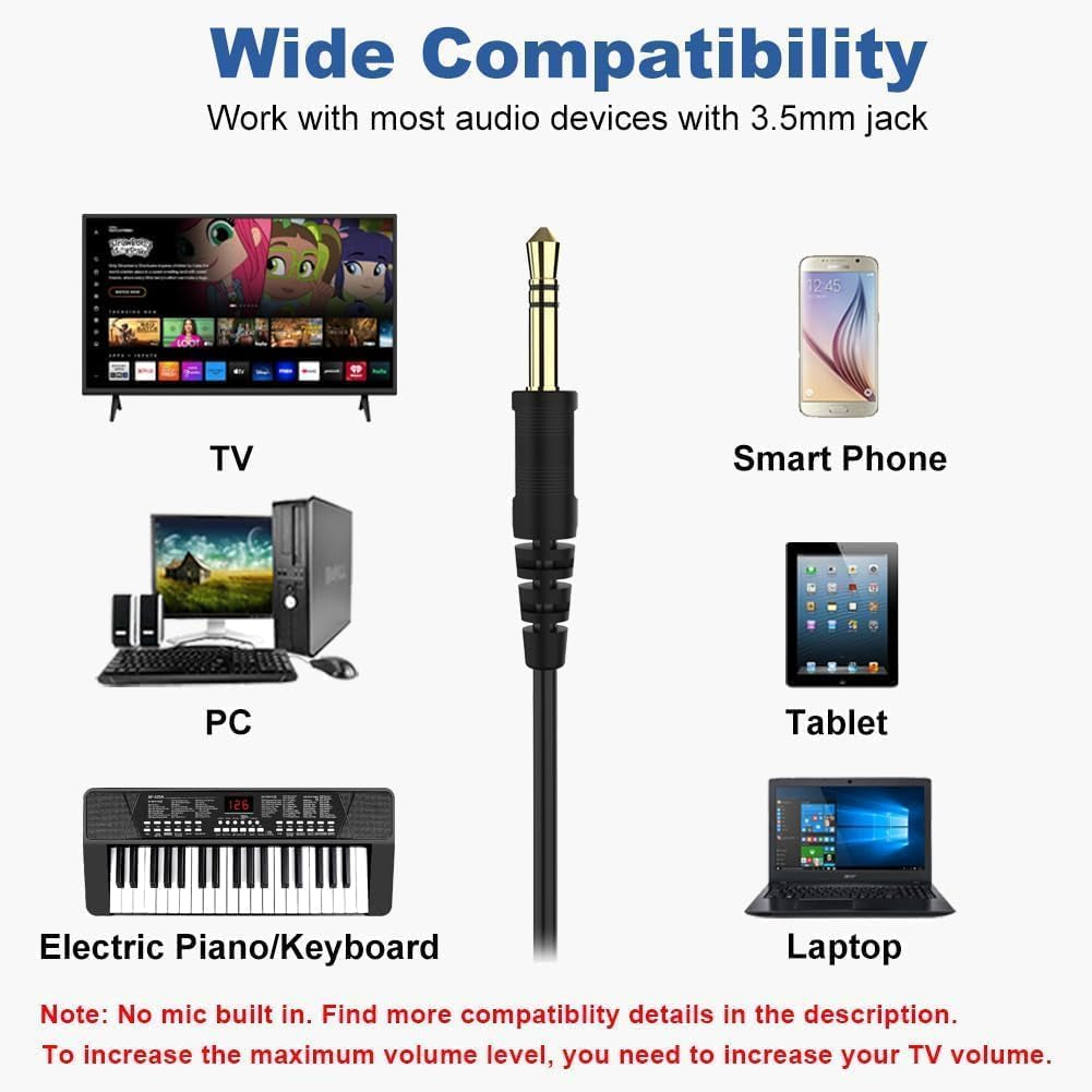 19.5Ft / 6M Extra Long Cord Headphones for TV PC with Volume Control, Spring Coiled Cable, 3.5Mm AUX, Wired over Ear Earphones for Seniors Hard of Hearing, Large Comfortable Computer Headset