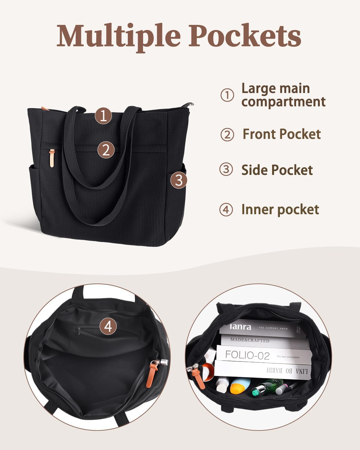 Corduroy Tote Bags for Women Large Tote Bag with Zipper Shoulder Bags Handbags for College School Work Shopping Travel