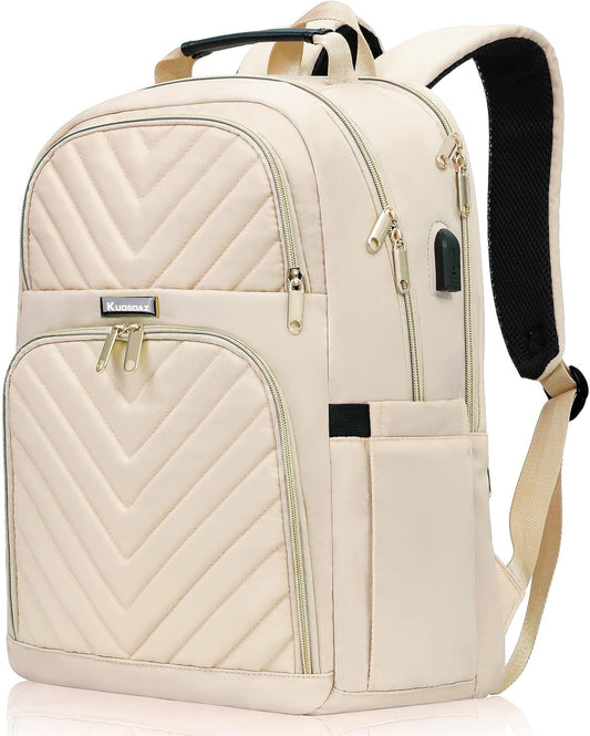 Women'S Backpack, 15.6 Inch School Backpack for Girls, Teenagers with Charging Port, Laptop Backpack, Stylish Daypack, Waterproof for School, University, Travel, Work, 30 L, Beige