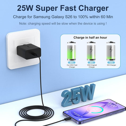 USB C Charger for Samsung Fast Charger USB C Plug & Cable 3M Long 25W Type C Super Fast Phone Charging Android Adaptor UK 2-Pack for Galaxy S26/S25 Ultra/S24/S23/S22/S21/A56/A55/A36/A17/A16/Note 20/10