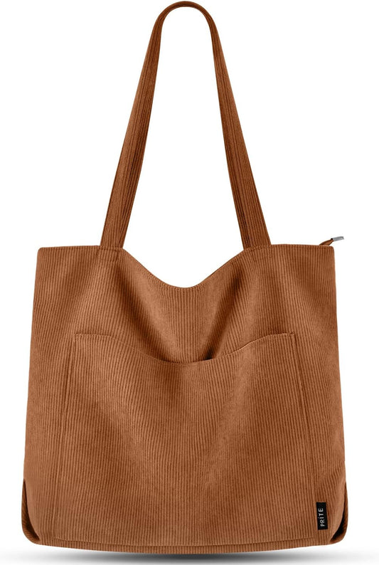 Corduroy Tote Bag for Women Large Shoulder Bag with Zipper and Pockets for College School Work Travel Shopping (Brown 2)