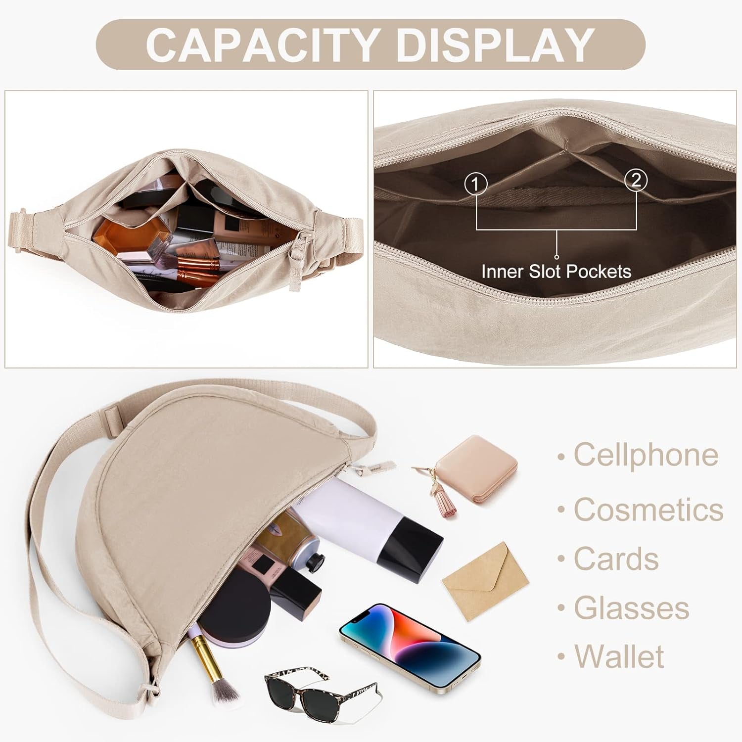 Crescent Bag for Women Men, Nylon Crescent Bags Hobos Crossbody Bag Portable Crescent Purse with Adjustable Strap Solid Color Chest Bag Shoulder Bag Fanny Packs, A02-Beige, 31Cm