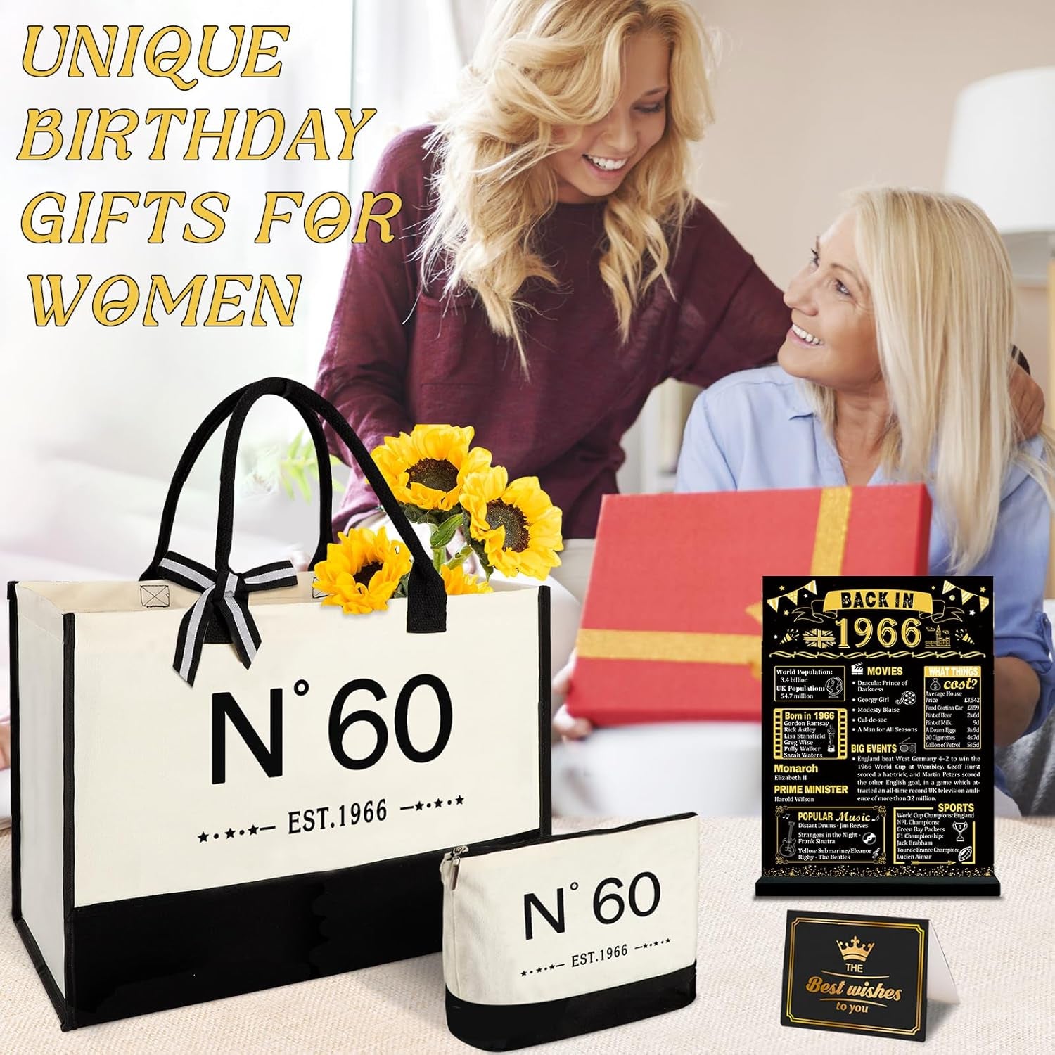 60Th Birthday Gifts for Women Canvas Tote Bag Travel Gear, Unique 60 Years Old Birthday Gifts for Her Mum Wife Aunt Friends, Vintage N60 Handbag & Cosmetic Bag & Back in 1966 Poster