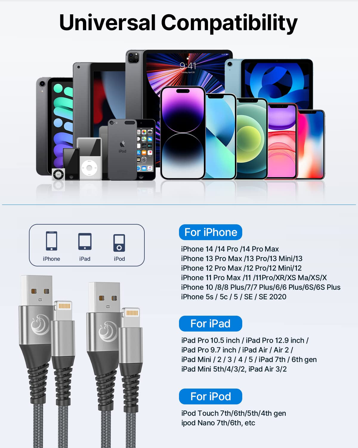 2Pack 2M Iphone Charger Cable, Mfi Certified Lightning Cable Fast Charging Braided Iphone Charger Fast Charge USB Charging Lead for Phone 14 13 12 11 Pro Max XS XR X 8 7 6 plus 5 SE, Ipad and Ipod