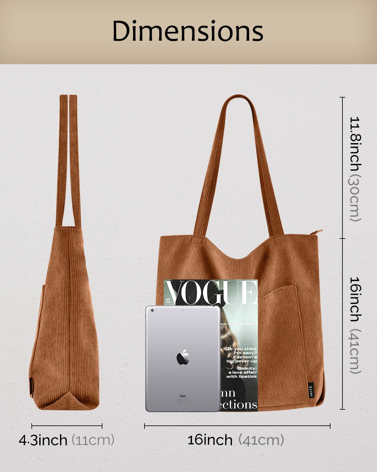 Corduroy Tote Bag for Women Large Shoulder Bag with Zipper and Pockets for College School Work Travel Shopping (Brown 2)