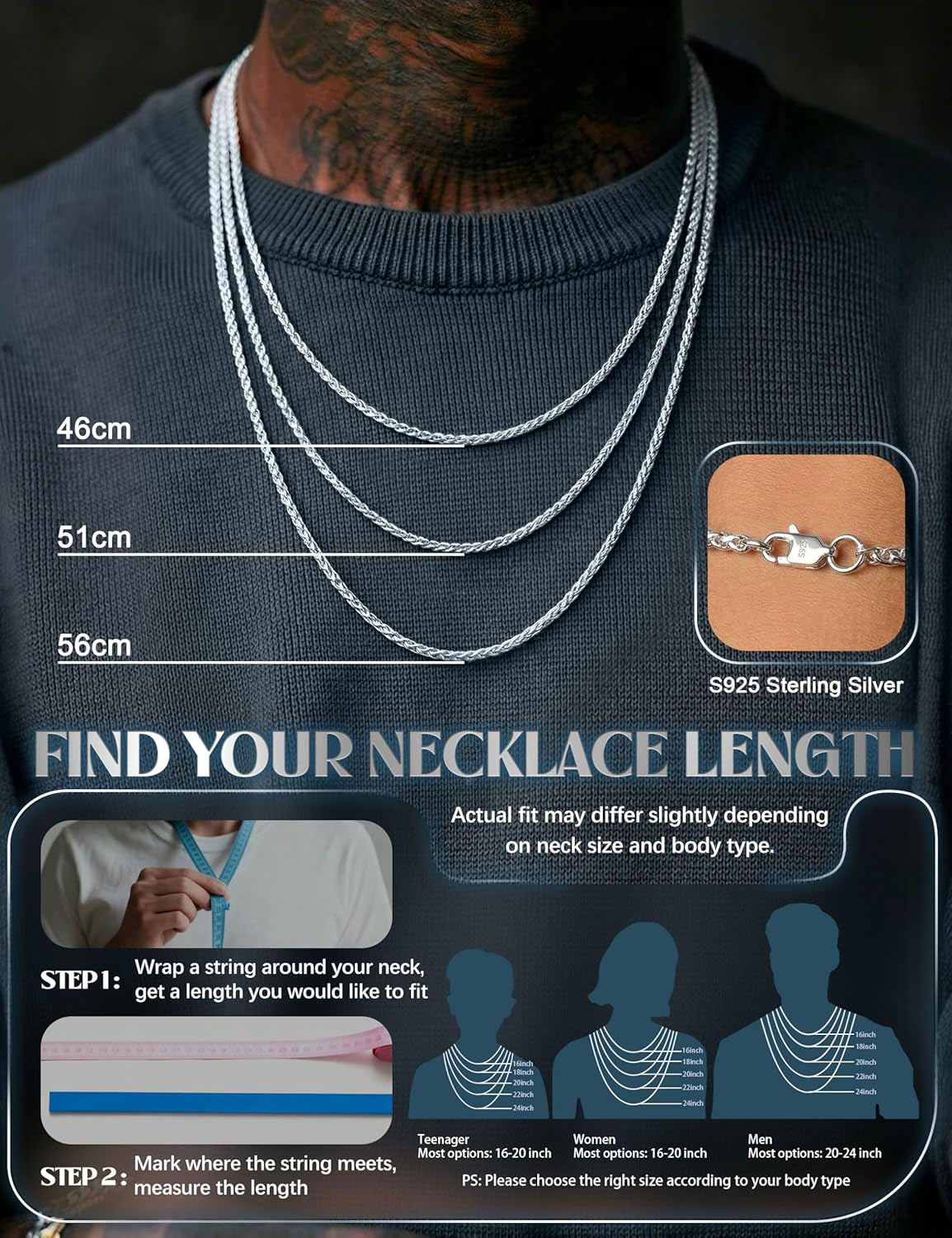 925 Sterling Silver Chain Mens Hypoallergenic Wheat Silver Necklace Chain for Men Sturdy Men'S Necklaces Ideal Pendants Choice Jewellery Gift 18/20/22 Inch