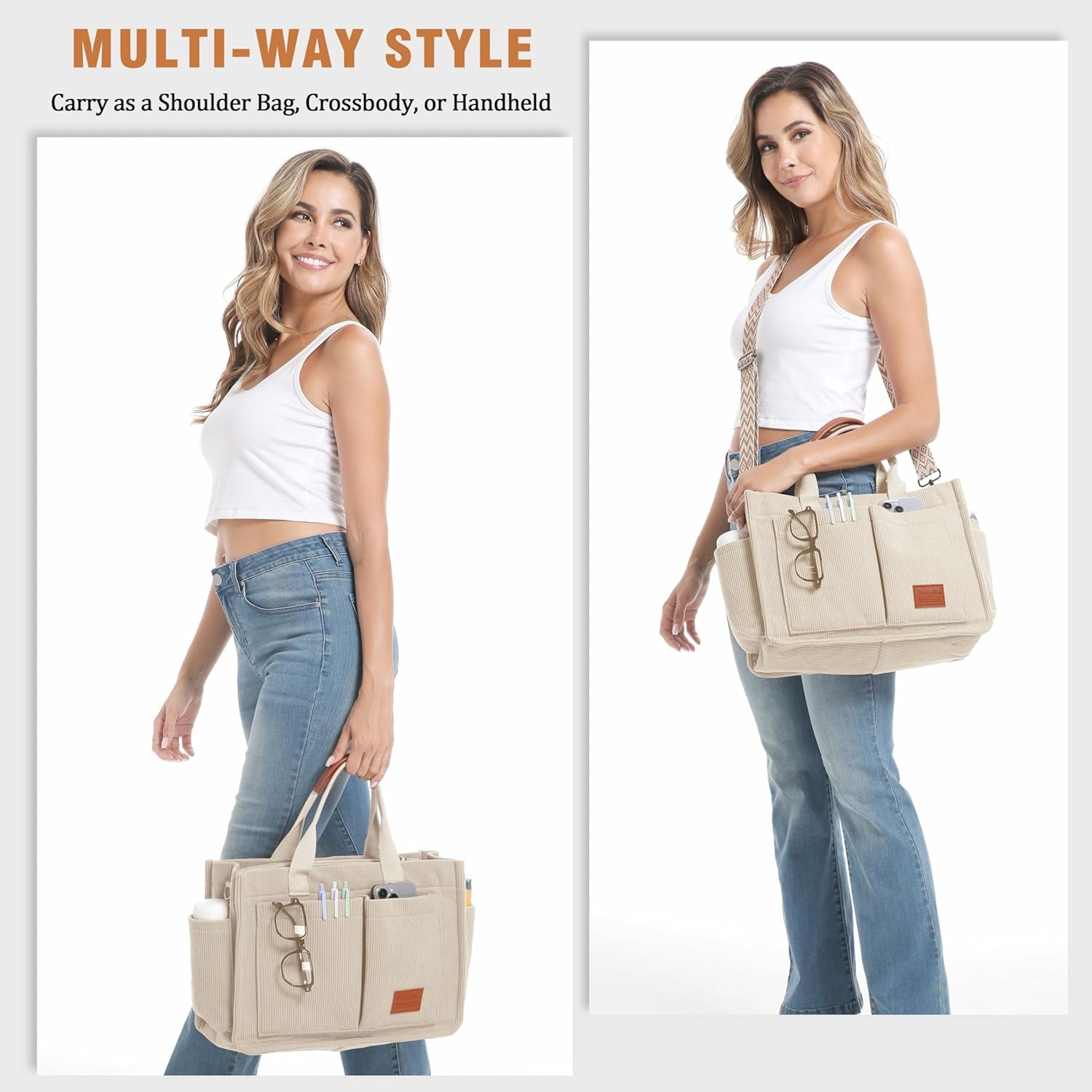Corduroy Tote Bags for Women with Zipper, Large Capacity Work Bags Shoulder for School, Travel, College, Teacher with Adjustable Strap & Pockets
