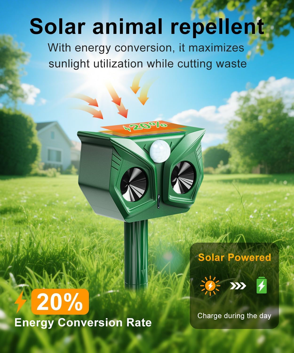 Cat Repellent for Gardens UK, Ultrasonic Cat Scarer Solar Powered & USB Charged with PIR Motion Sensor, LED Flash, Waterproof, 5 Frequency Modes, Deterrent for Cats Dogs Birds Foxes Squirrels