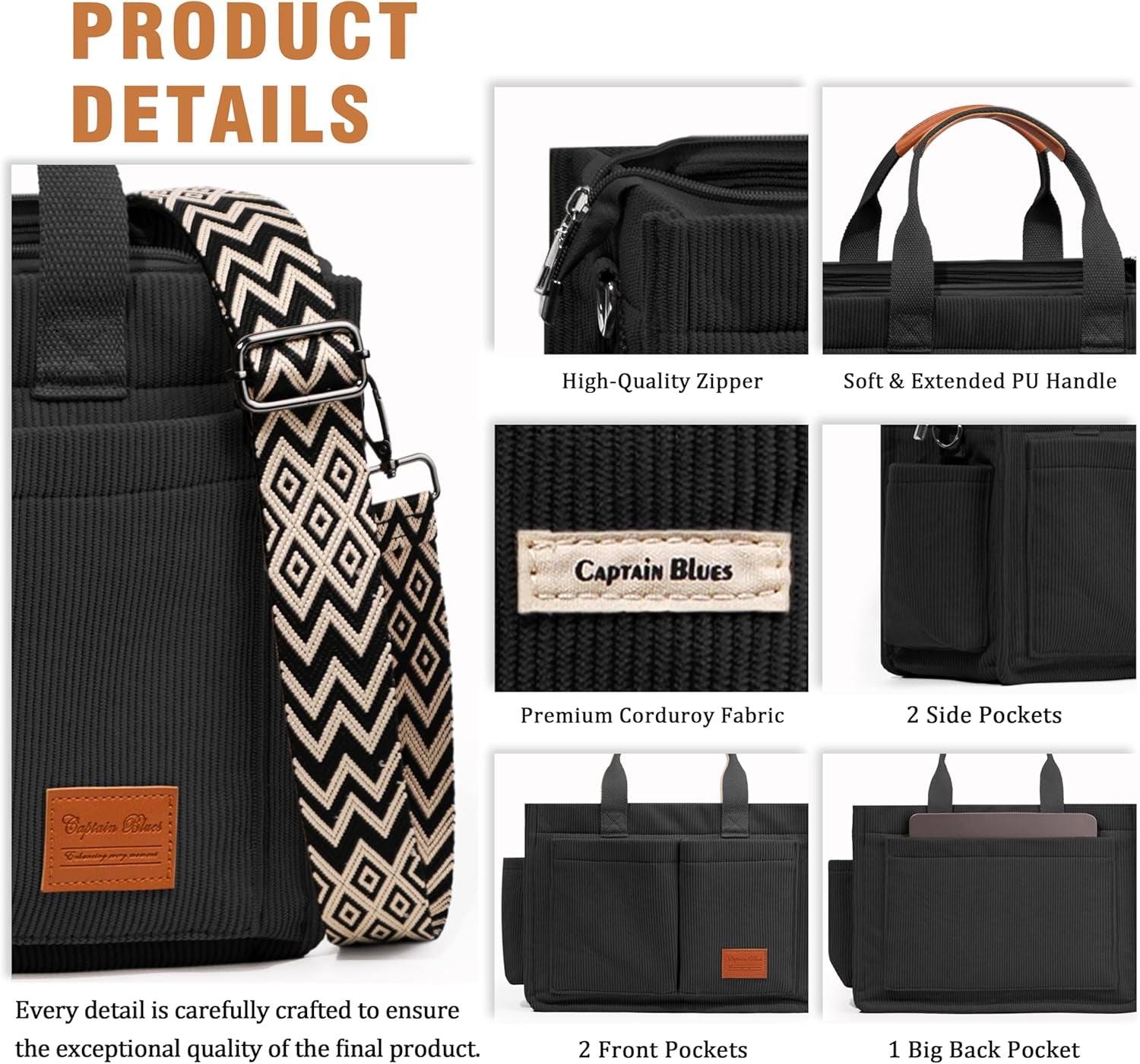 Corduroy Tote Bags for Women with Zipper, Large Capacity Work Bags Shoulder for School, Travel, College, Teacher with Adjustable Strap & Pockets