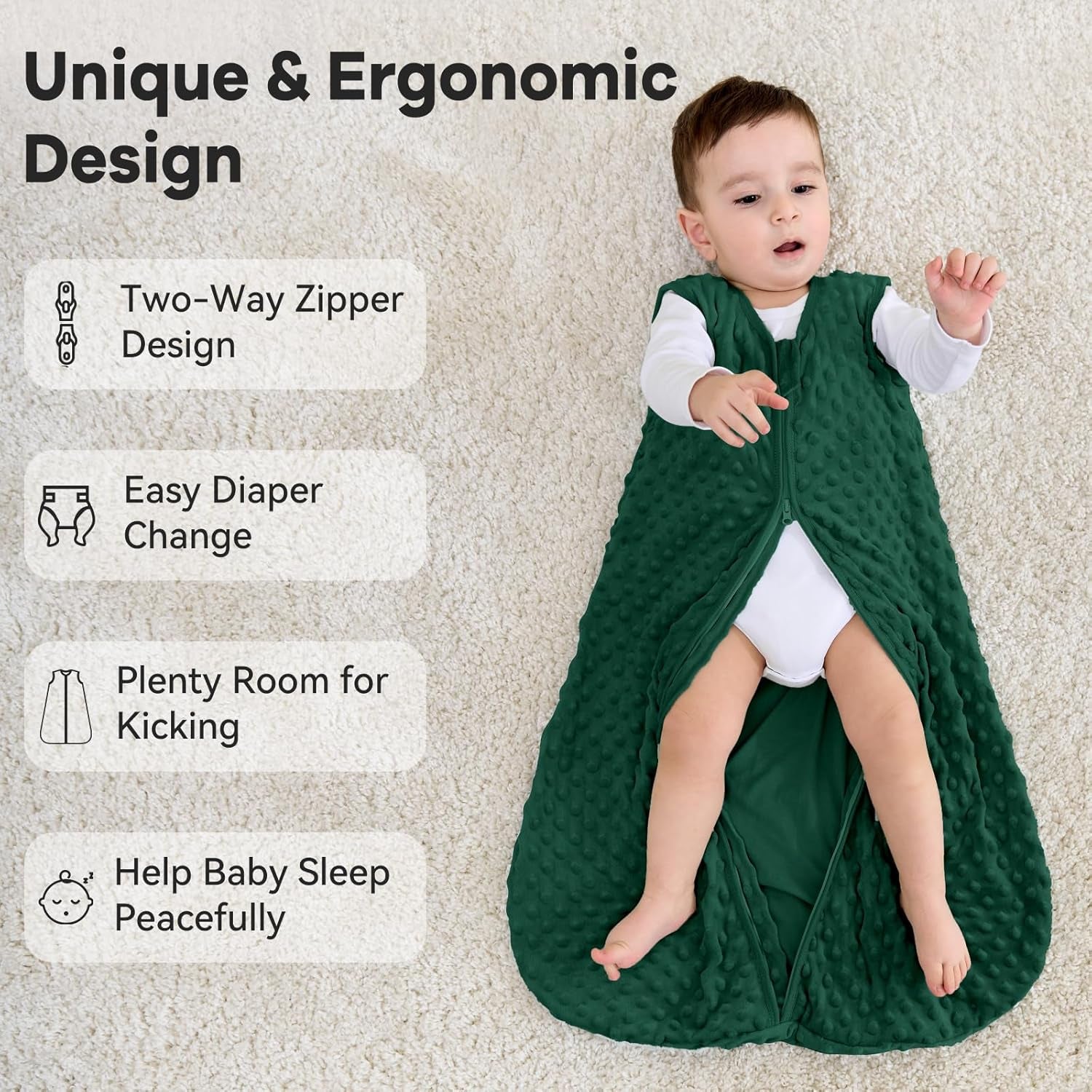Baby Sleeping Bag 1.5 Tog with Plush Dots Sleep Bag 2 Pack Baby Sleep Sack Wearable Blanket for Infant Toddler 12-18 Months Forest Green