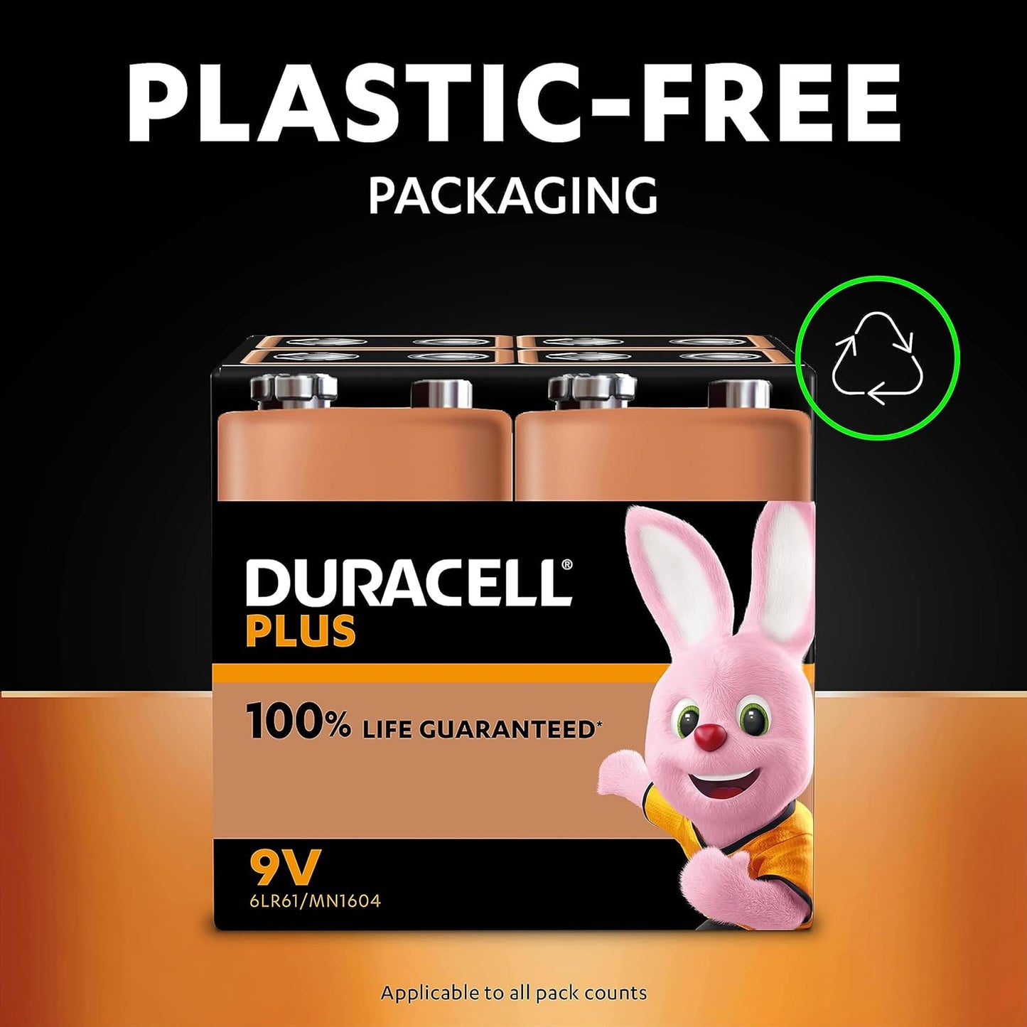 plus 9V Batteries (2 Pack) - Alkaline - 100% Life Guaranteed - Reliability for Everyday Devices - 0% Plastic Packaging - 5-Year Storage - 6LR61 MN1604