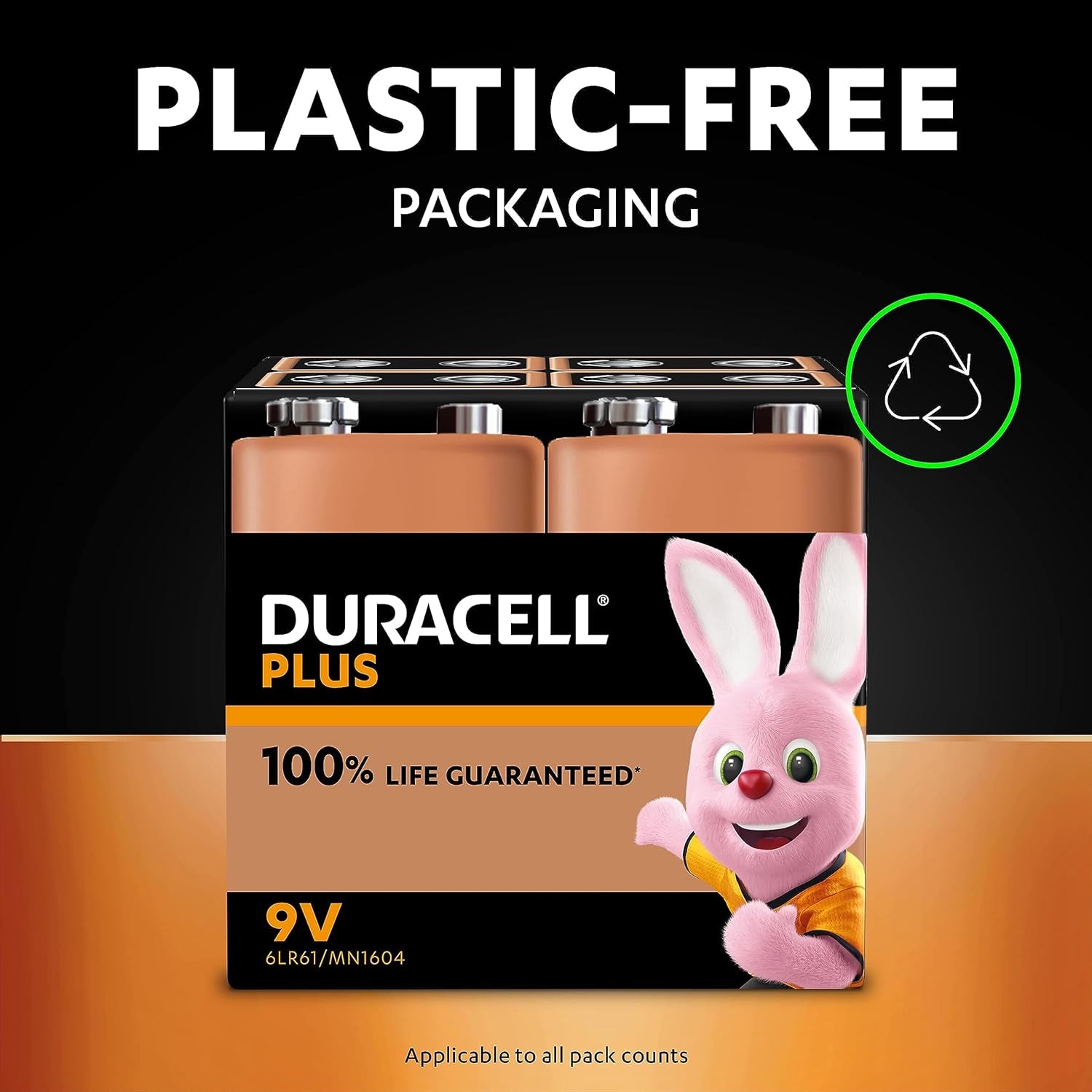 plus 9V Batteries (2 Pack) - Alkaline - 100% Life Guaranteed - Reliability for Everyday Devices - 0% Plastic Packaging - 5-Year Storage - 6LR61 MN1604