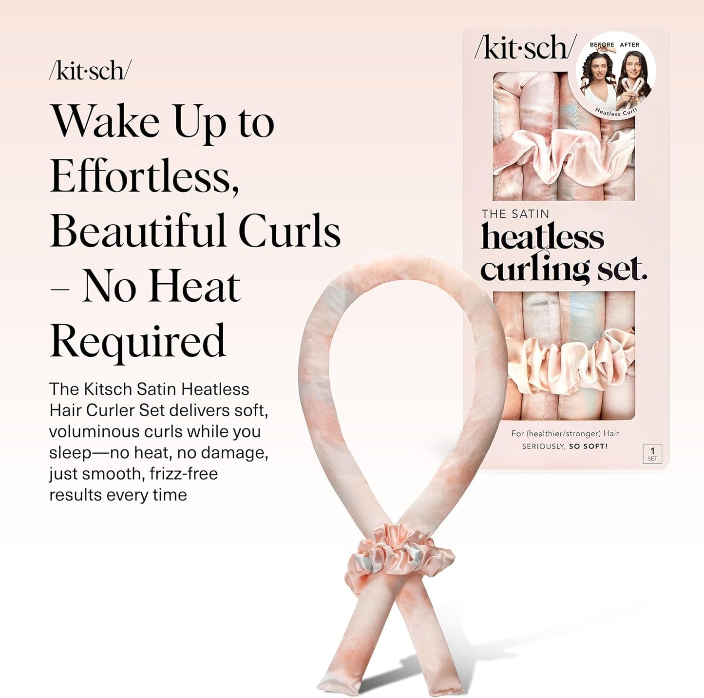 Satin Heatless Curlers Set – Heatless Curls Overnight with 34" Hair Curler & 2 Satin Scrunchies – Comfortable Hair Curlers to Sleep in for Frizz-Free, No Heat Damage Styling - Sunset Tie Dye