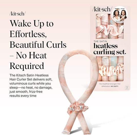 Satin Heatless Curlers Set – Heatless Curls Overnight with 34" Hair Curler & 2 Satin Scrunchies – Comfortable Hair Curlers to Sleep in for Frizz-Free, No Heat Damage Styling - Sunset Tie Dye