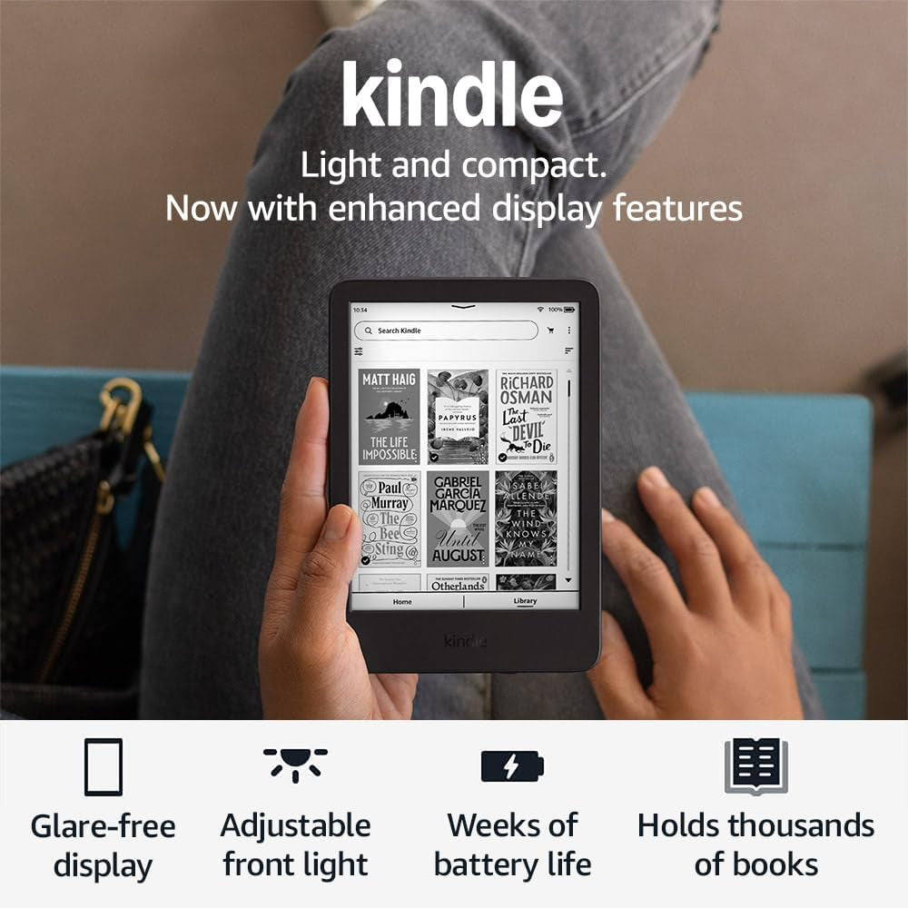 Kindle (Newest Gen) – Lightest and Most Compact Kindle with Glare-Free Display, Faster Page Turns, Adjustable Front Light and Long Battery Life – 16 GB – without Ads – Black