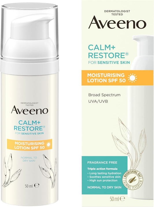 Face CALM+RESTORE Moisturising Lotion SPF 50, 50Ml - Soothes Sensitive Skin with Deep Hydration and High Sun Protection for Daily Use