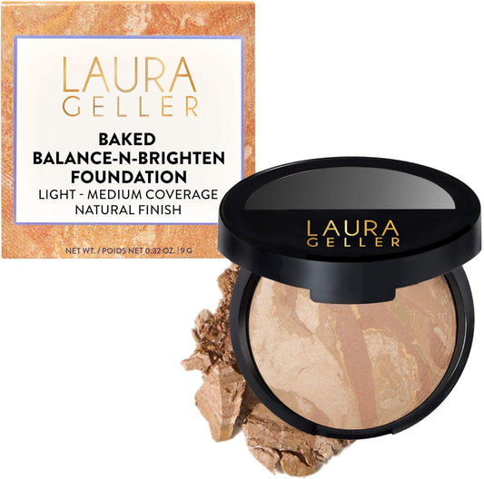 LAURA GELLER Baked Balance-N-Brighten Colour Correcting Powder Foundation (Light) Buildable Light to Medium Coverage Baked Foundation, Demi-Matte Finish