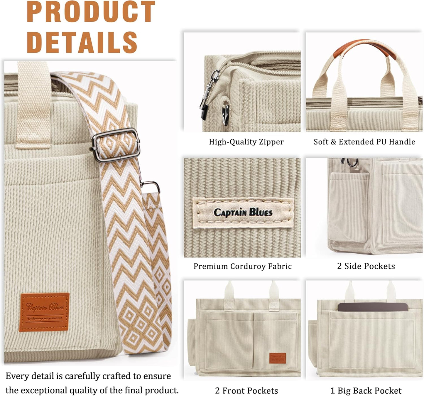 Corduroy Tote Bags for Women with Zipper, Large Capacity Work Bags Shoulder for School, Travel, College, Teacher with Adjustable Strap & Pockets