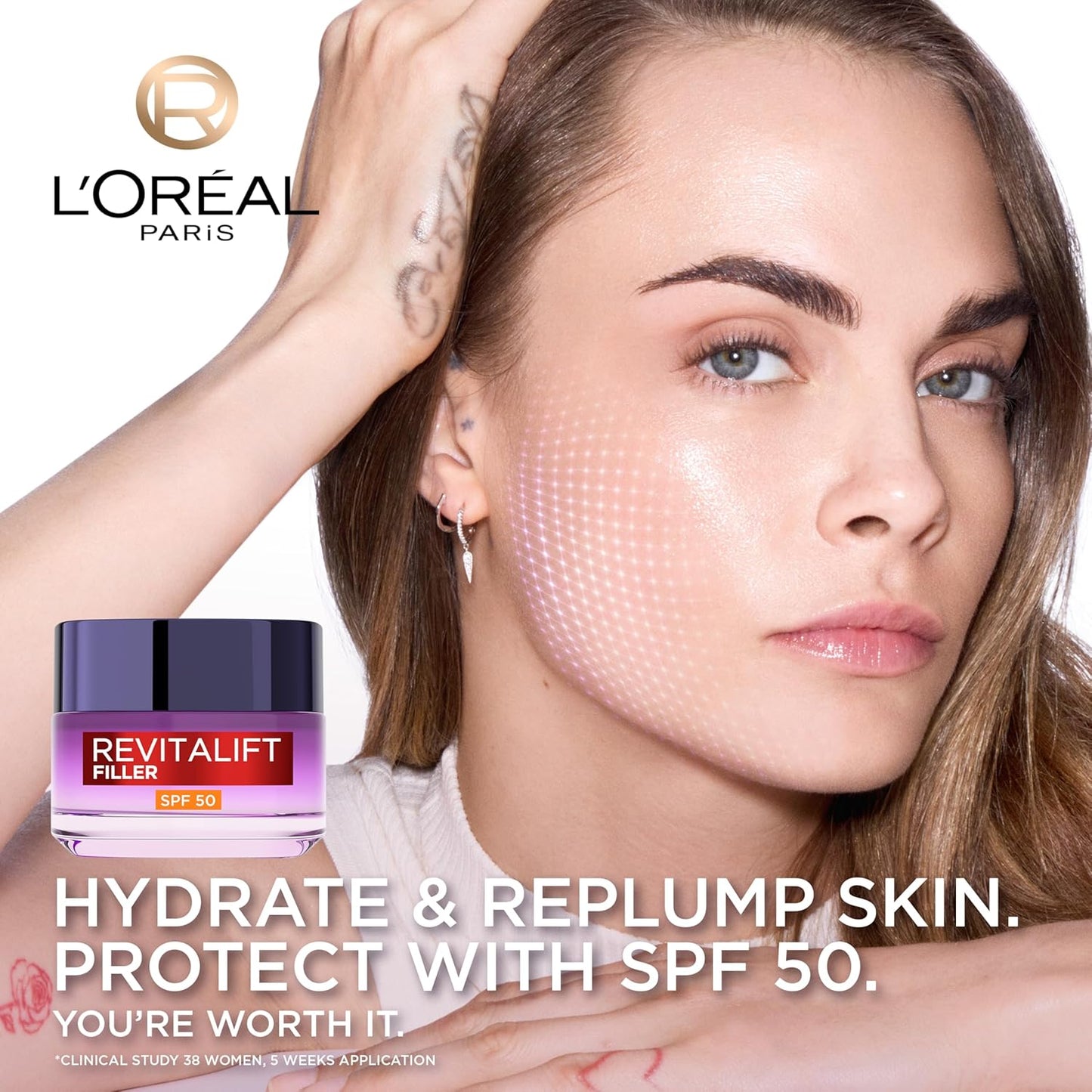 L’Oréal Paris SPF50 Cream Revitalift Filler Deep Replumping Anti-Ageing, UV Protection, Moisturising, Intensely Hydrates and Smooth Wrinkles with Macro, Micro and Micro-Epidermic Hyaluronic Acid, 50Ml