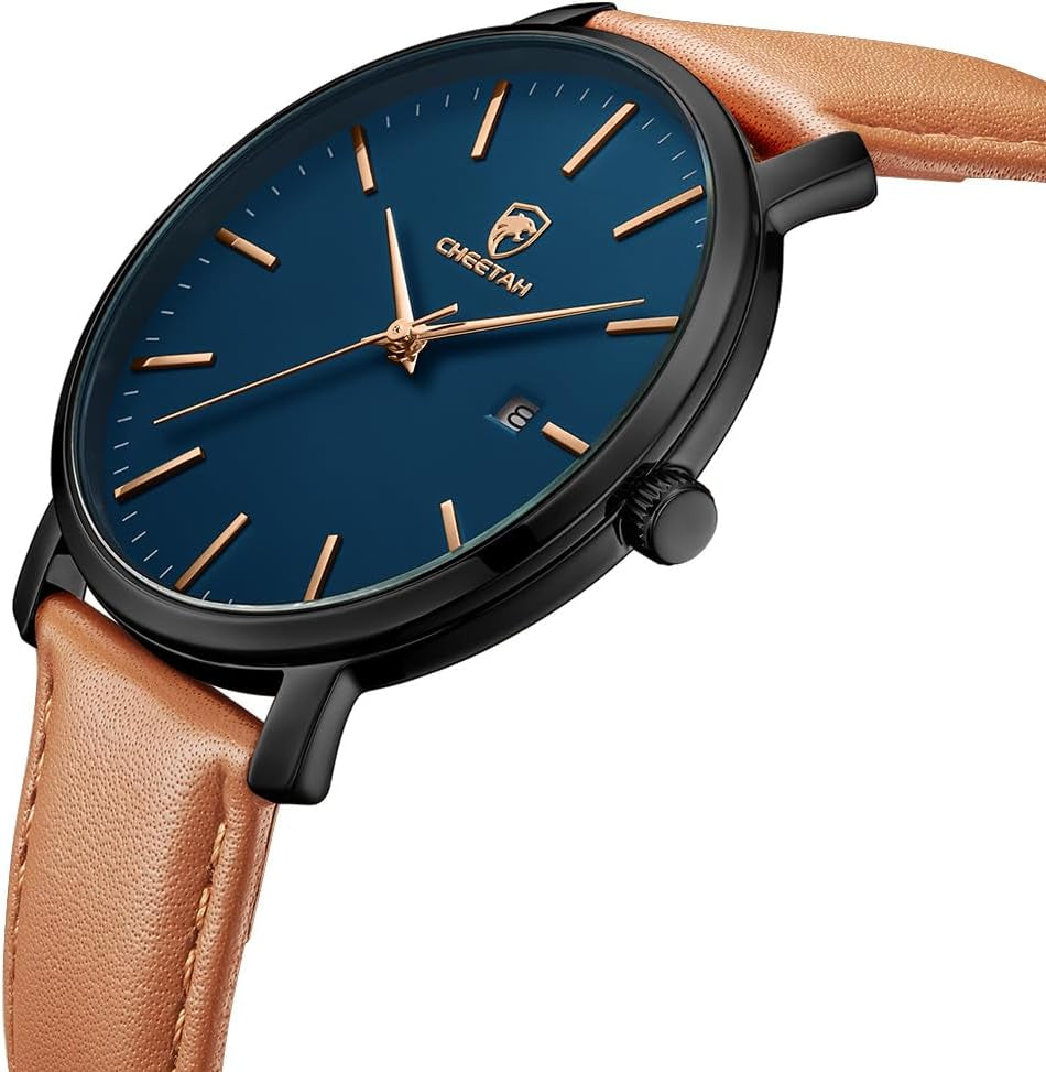 Minimalist Mens Watches, Analog Quartz Waterproof Fashion Watch for Men with Leather Strap, Auto Date Sports Man Wrist Watch
