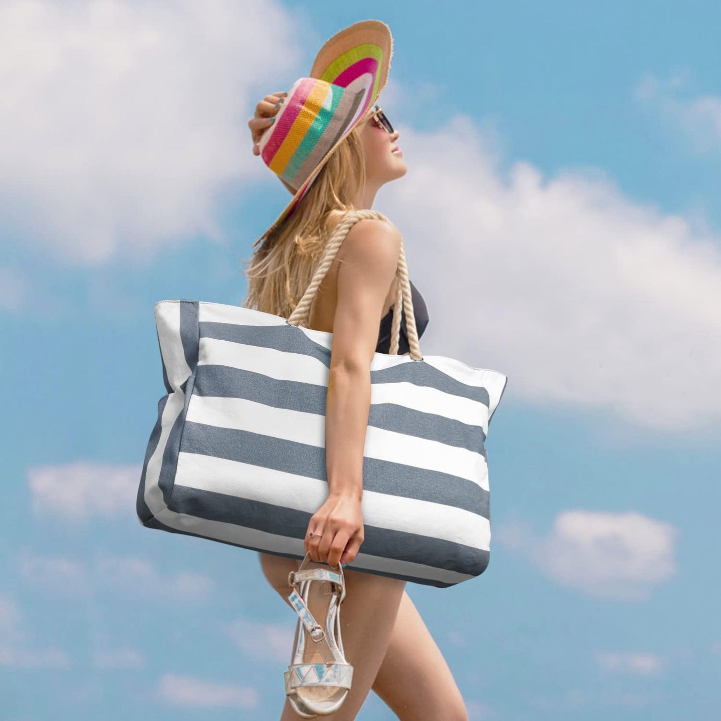 Beach Bag Large Waterproof Beach Tote Bags with Zip and Rope Handle Summer Holiday Essentials Shoulder Handbags for Travel Shopping Pool Gym Picnic