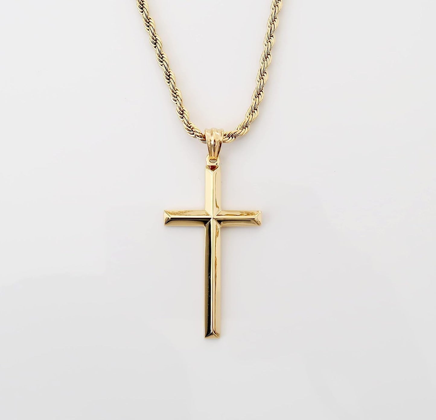 18K Gold Chain Cross Pendant Necklace for Men, Women 3MM Rope Cuban Curb Chain W/Real Strong Solid Clasp Gift for Husband, Wife Religious Beveled Edges