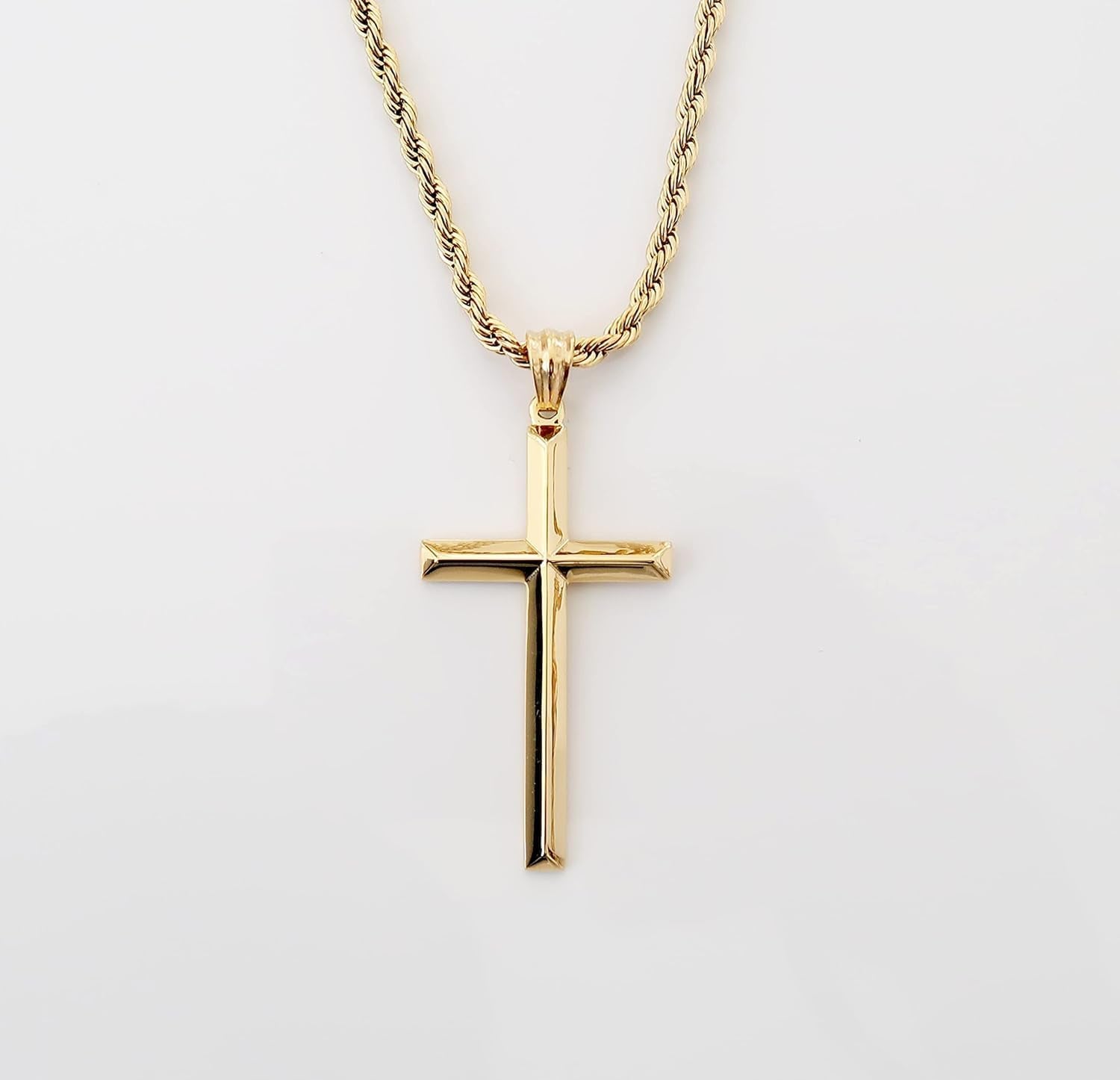18K Gold Chain Cross Pendant Necklace for Men, Women 3MM Rope Cuban Curb Chain W/Real Strong Solid Clasp Gift for Husband, Wife Religious Beveled Edges