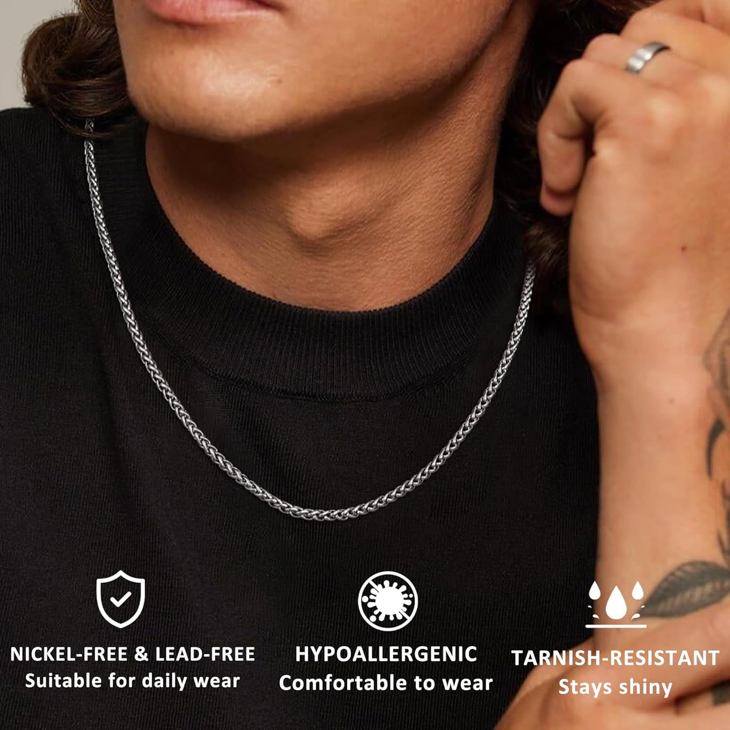 2/3Mm Silver Box/Wheat Stainless Steel Chain for Men, Fade-Proof and Durable Mens Silver Chain Neckalce Ideal Pendants Choice Jewellery Gift 18/20/22/24 Inch