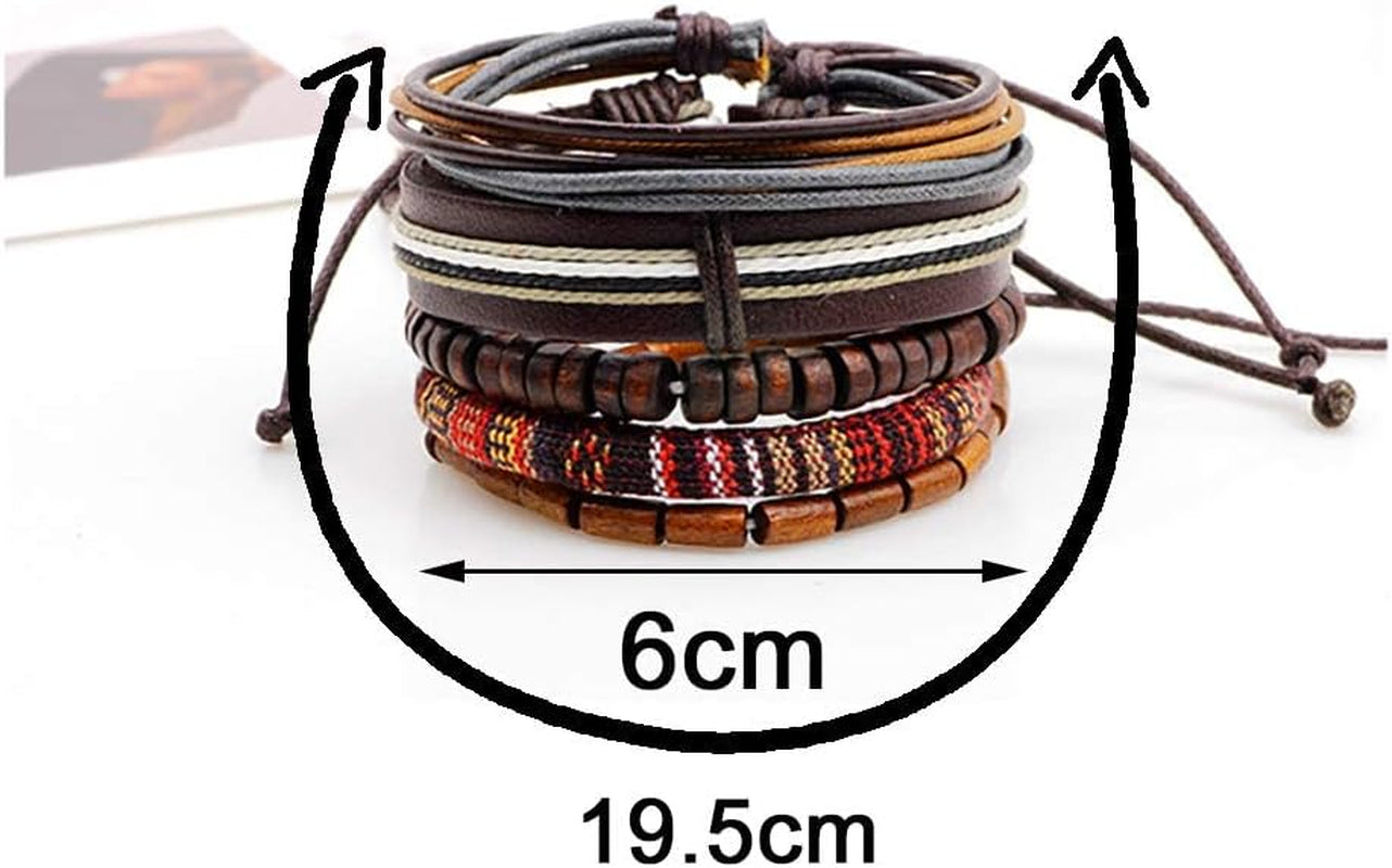 Unisex Mixed Bracelets Adjustable Handmade Multi Strand Braided Cowhide Bracelets Woven Leather Wristbands Wooden Beads Bracelet Wrist(1Set of 5 Pcs)
