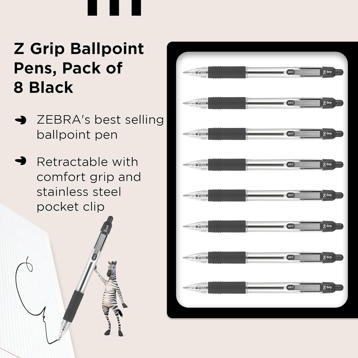 Z Grip Black Ballpoint Pens with Pocket Clip 8Pk, Retractable Black Ink Ballpoint Pens, Reliable Black Biro Pens Multipack for Everyday Use Design, New Pack Size 8Pk