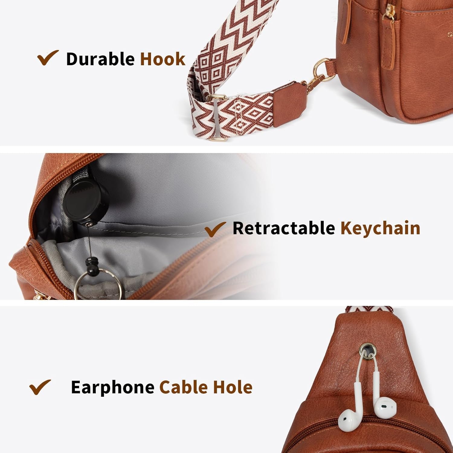Crossbody Bag for Women Leather Sling Belt Bag Small Shoulder Chest Bag Purses with Adjustable Guitar Strap Phone Cable Hole Fanny Pack Boho Style Cross Body Bags with for Ladies Shopping Travel