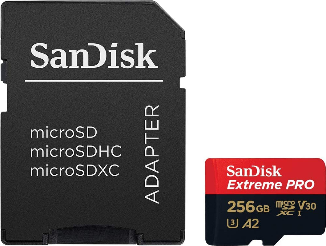 Extreme PRO Micro SD Card 256GB + SD Adapter (For Smartphones, Action Cams, Drones, Speeds up to 200 Mb/S, A2 App Performance + Rescuepro Deluxe UHS-I, Class 10, U3)