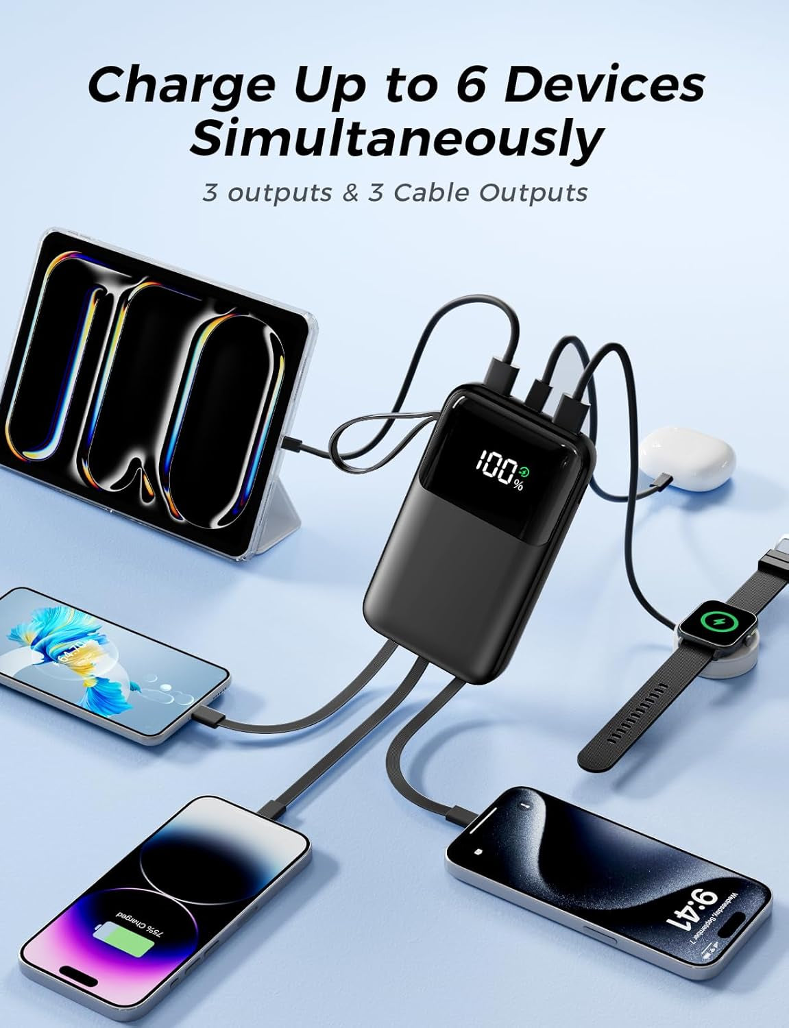 Power Bank Fast Charging, 10000Mah Portable Charger, 22.5W Phone Battery Pack with LCD Display, Built-In 4 Cables & 6-Device, PD 3.0 QC 3.0, USB-C In/Out, Compatible with Iphone 17/16/15/14/13/12
