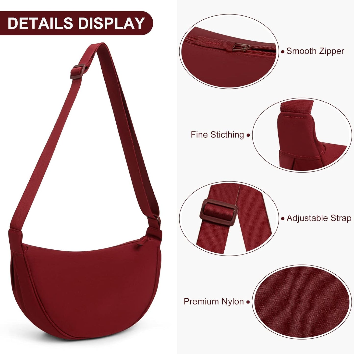 Crescent Bag for Women Men, Nylon Crescent Bags Hobos Crossbody Bag Portable Crescent Purse with Adjustable Strap Solid Color Chest Bag Shoulder Bag Fanny Packs, A07-Wine Red, 31Cm