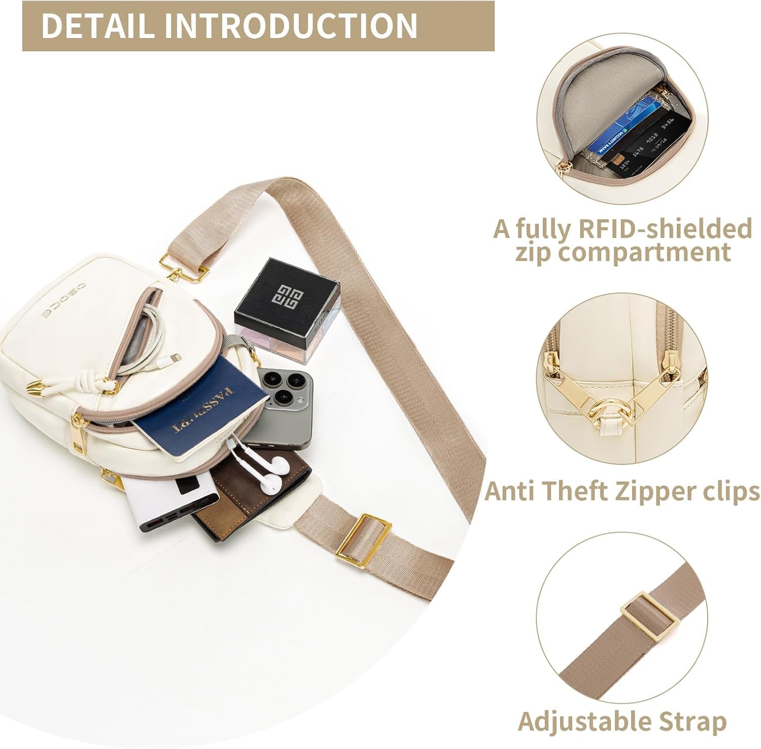 Crossbody Bag with Anti-Theft Crossbody Bag Women Rfld Pocket, Small Shoulder Bag with Anti-Theft Zipper Clips, Adjustable Strap, Perfect for Shopping and Travel（White）