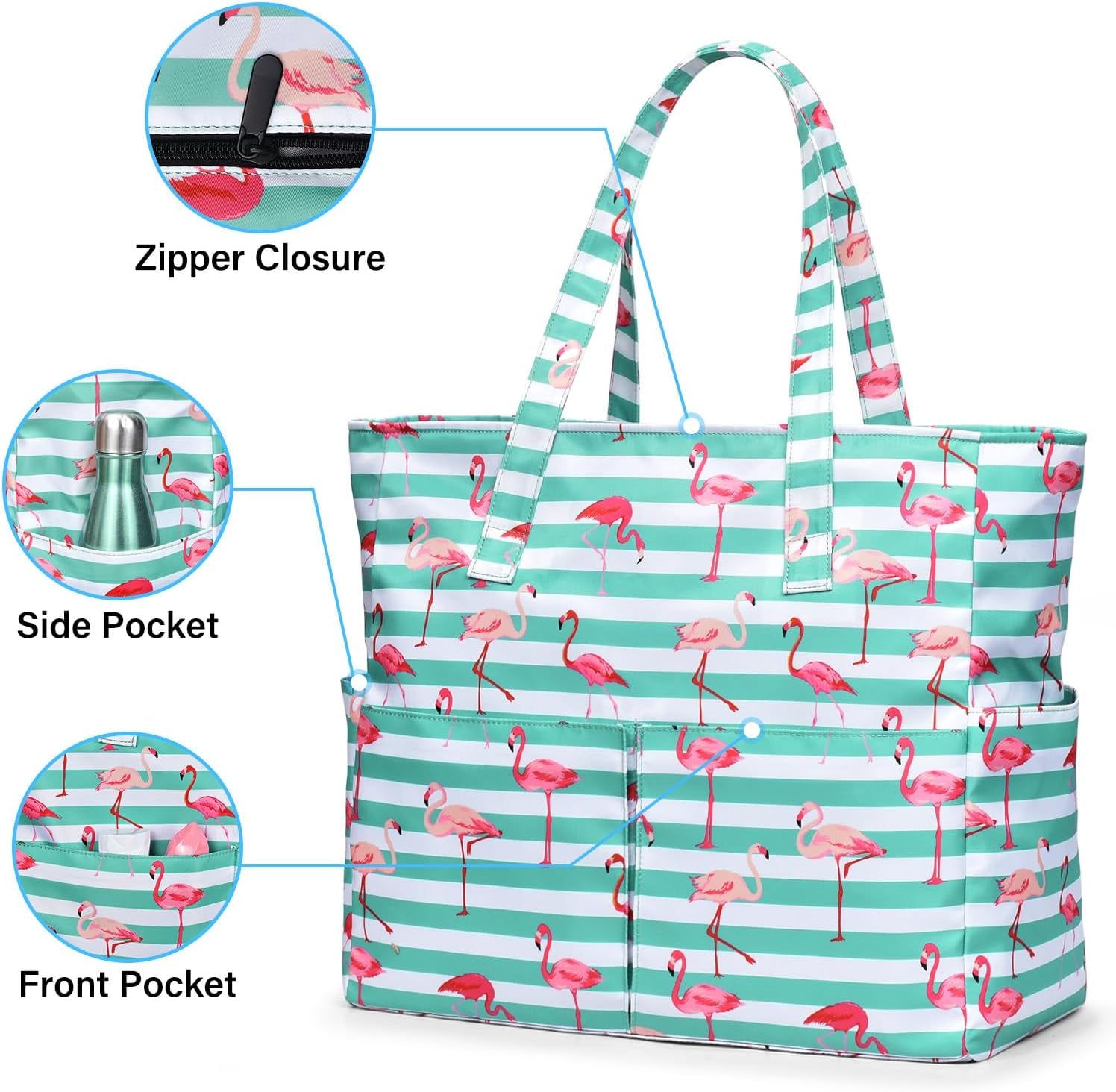 Large Beach Bag with 8 Pockets, Waterproof Beach Bags for Women, Sandproof Summer Beach Tote Bag Holiday Essentials Shopping Bag Travel Bag Handbags for Pool Gym