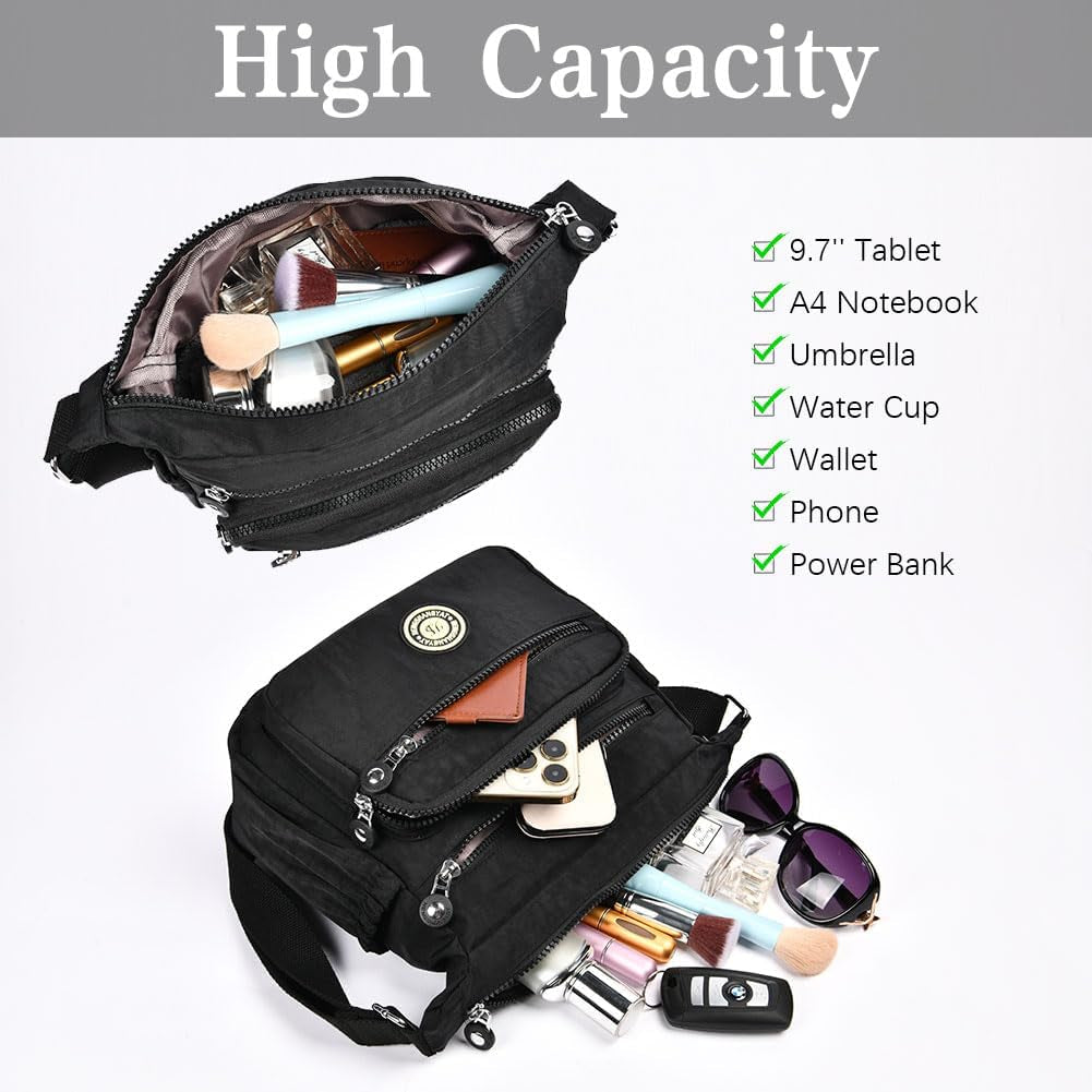 Women'S Multi-Pocket Casual Crossbody Bag, Multifunctional Travel Bag with Adjustable Shoulder Strap, Nylon Lightweight and Waterproof, for Shopping, Hiking, Everyday Use