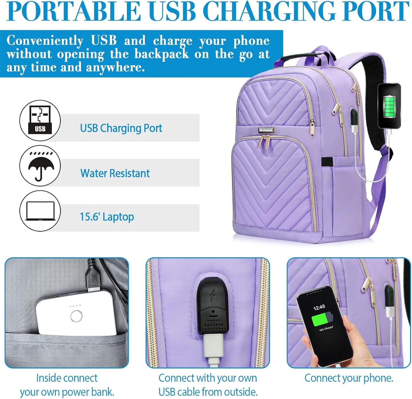 Laptop Backpack for Women, School Backpack for Teens, 15.6 Inch Large Fashion College Bookbag for Girls with Charging Port, Women Work Travel Back Pack Purse Casual Daypacks, Purple