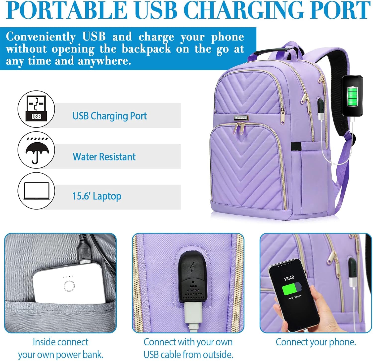 Laptop Backpack for Women, School Backpack for Teens, 15.6 Inch Large Fashion College Bookbag for Girls with Charging Port, Women Work Travel Back Pack Purse Casual Daypacks, Purple