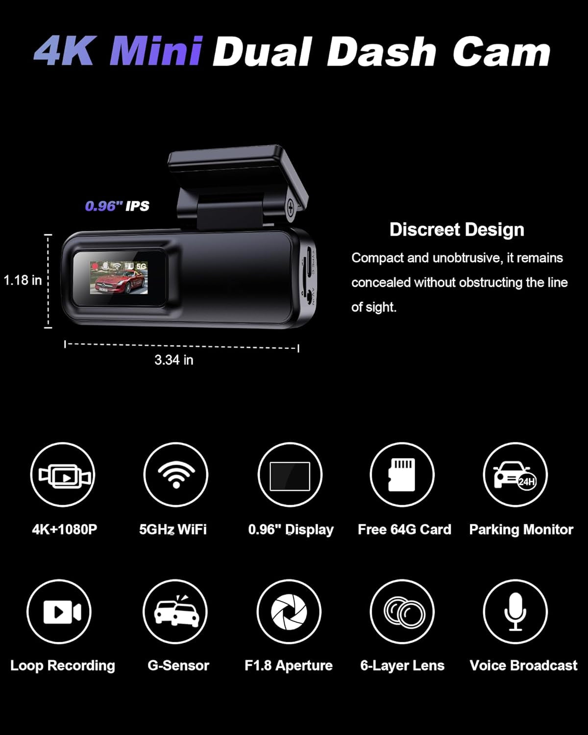 Dash Cam Front and Rear 4K+1080P, 5Ghz Wifi, Dual Dashcam with 64GB Card, App Control, G-Sensor Emergency Recording, Loop Recording, 24H Parking Mode Supports, Dash Camera for Cars