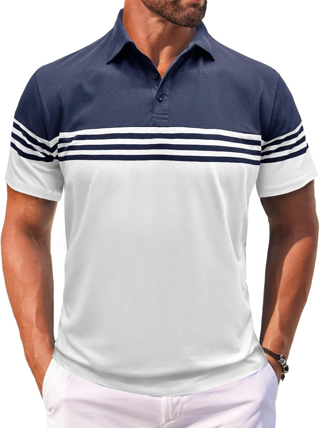Men’S Polo Shirts Short Sleeve Color Block Horizontal Stripes Summer Regular Fit Buttons Collared Shirts Classic Casual Golf Work Lightweight Tee Tops