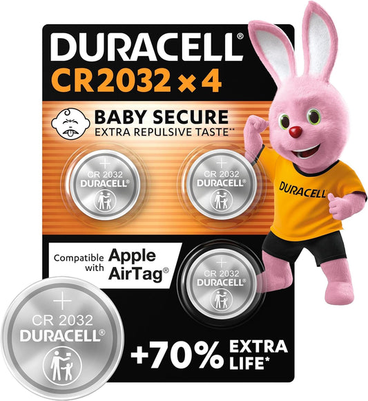 CR2032 Lithium Coin Batteries 3V (4 Pack) - up to 70% Extra Life - Baby Secure Technology & Packaging – for Apple Airtags, Key Fobs, Home Devices, Fitness and Medical Accessories