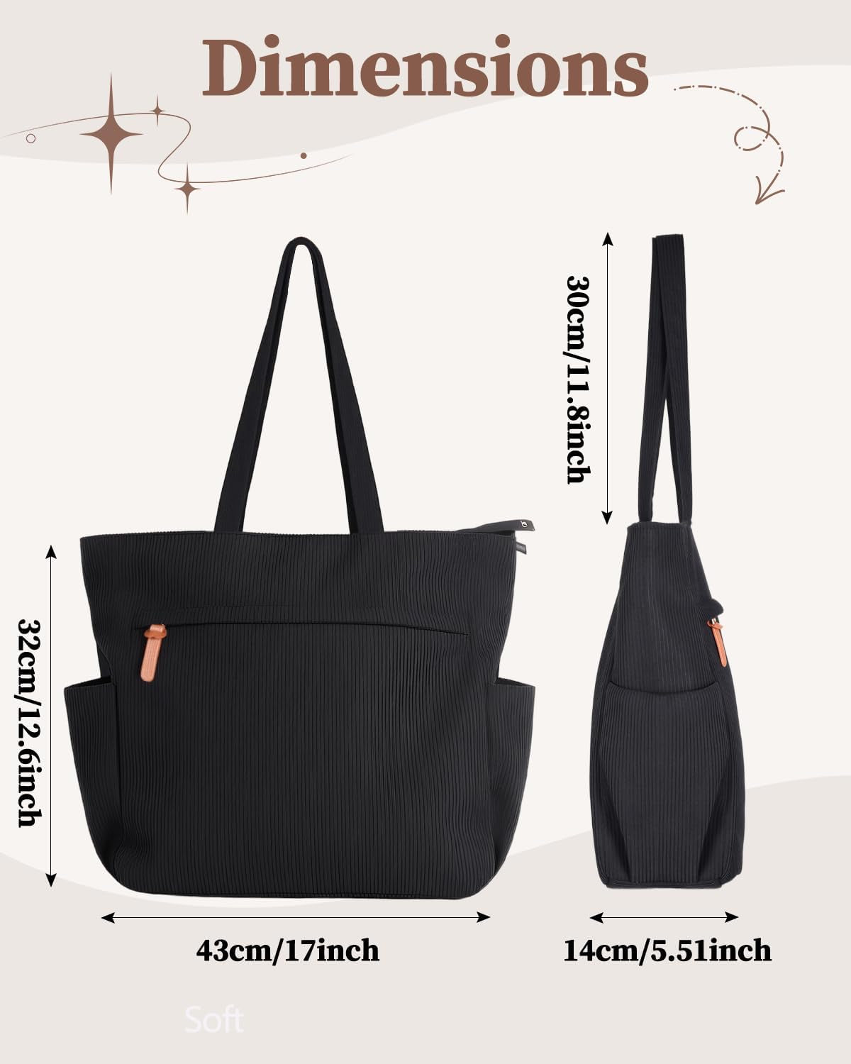 Corduroy Tote Bags for Women Large Tote Bag with Zipper Shoulder Bags Handbags for College School Work Shopping Travel
