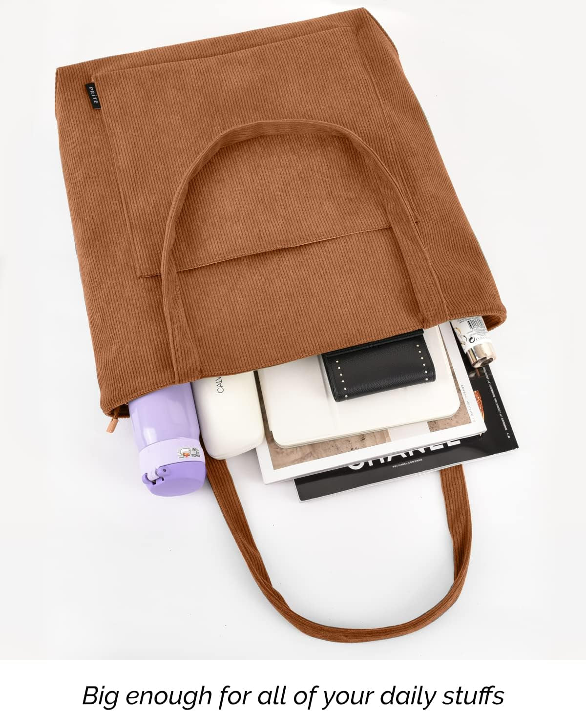 Corduroy Tote Bag for Women Large Shoulder Bag with Zipper and Pockets for College School Work Travel Shopping (Brown 2)