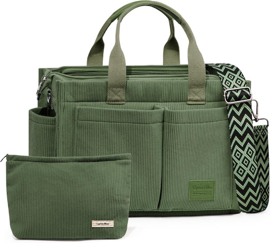 Corduroy Tote Bags for Women with Zipper, Large Capacity Work Bags Shoulder for School, Travel, College, Teacher with Adjustable Strap & Pockets