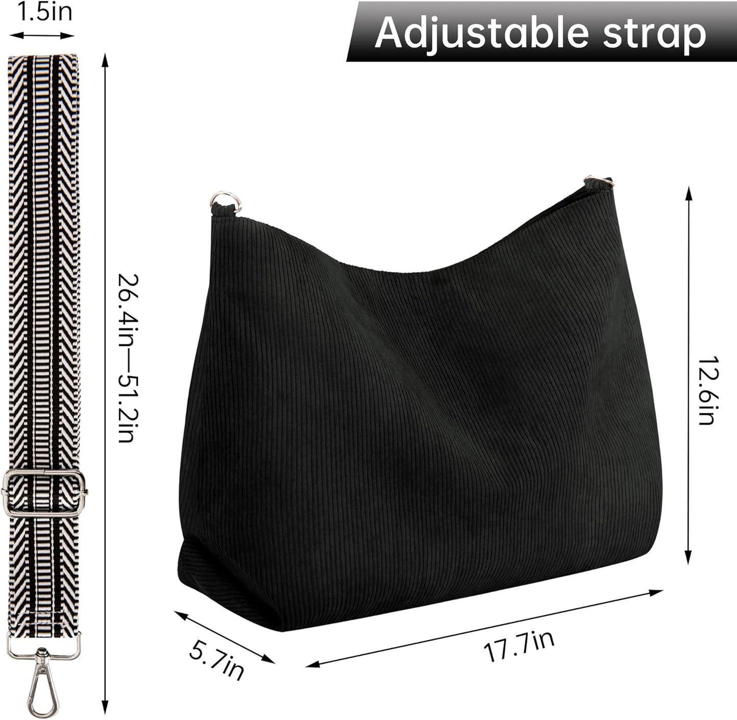 Corduroy Tote Bag for Women with Zipper, Large Capacity Shoulder Bags with Adjustable Strap and Pockets Waterproof Handbag for Work School Shopping Travel College